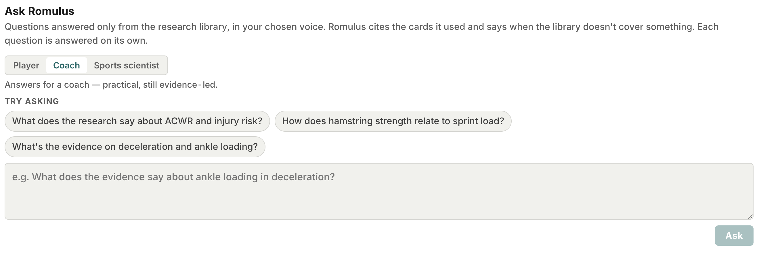 Ask Romulus — answers drawn only from the cited research library
